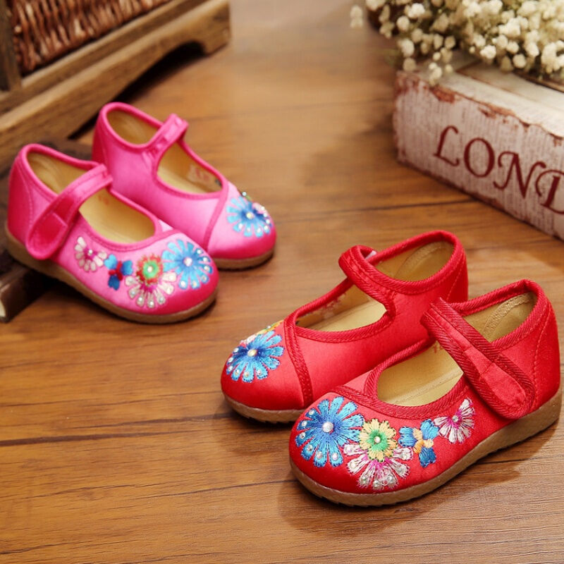 馨楓童鞋女童纯牛津底绣花布舞蹈鞋软底鞋 红色 34